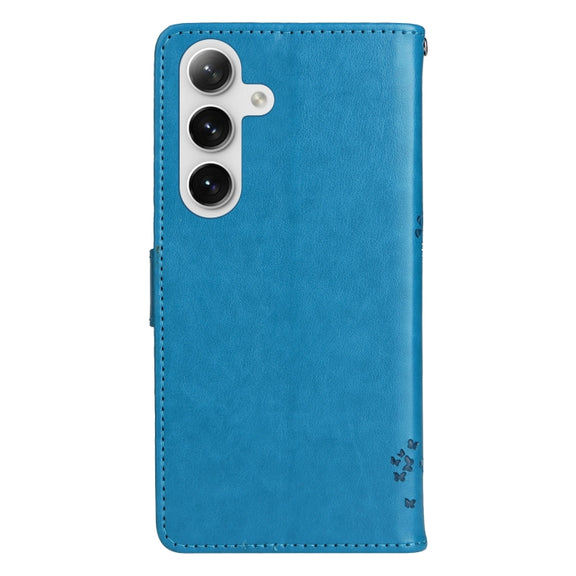 For Samsung Galaxy S25+ / S24+ 5G Tree & Cat Embossed Pattern Flip Leather Phone Case(Blue)