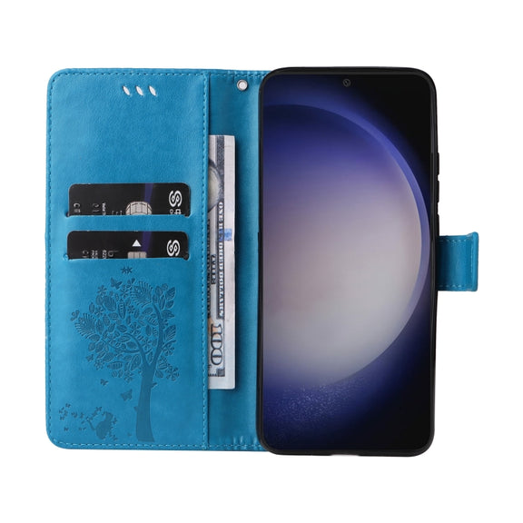 For Samsung Galaxy S25+ / S24+ 5G Tree & Cat Embossed Pattern Flip Leather Phone Case(Blue)