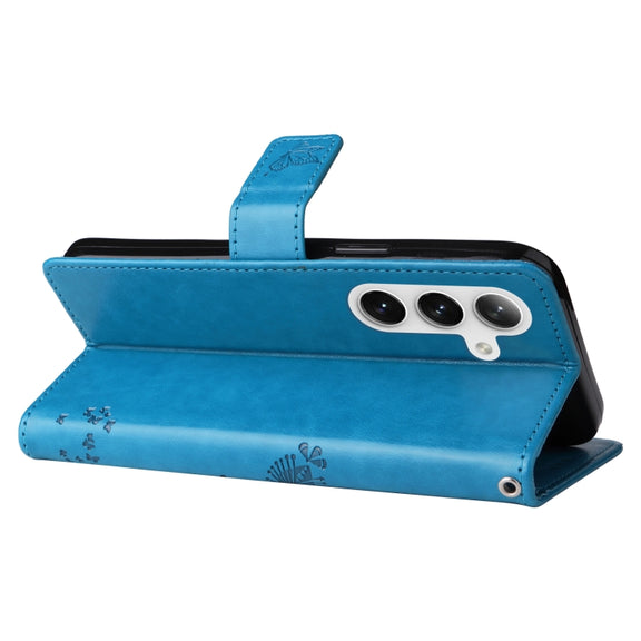 For Samsung Galaxy S25+ / S24+ 5G Tree & Cat Embossed Pattern Flip Leather Phone Case(Blue)