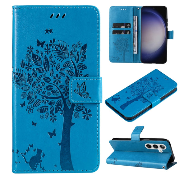For Samsung Galaxy S25+ / S24+ 5G Tree & Cat Embossed Pattern Flip Leather Phone Case(Blue)
