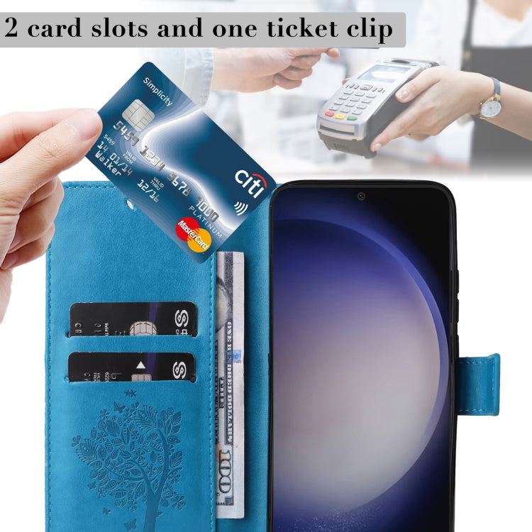 For Samsung Galaxy S25+ / S24+ 5G Tree & Cat Embossed Pattern Flip Leather Phone Case(Blue)
