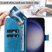 For Samsung Galaxy S25+ / S24+ 5G Tree & Cat Embossed Pattern Flip Leather Phone Case(Blue)