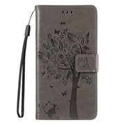 For Samsung Galaxy S25+ / S24+ 5G Tree & Cat Embossed Pattern Flip Leather Phone Case(Grey)
