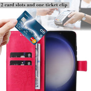 For Samsung Galaxy S25+ / S24+ 5G Tree & Cat Embossed Pattern Flip Leather Phone Case(Rose Red)
