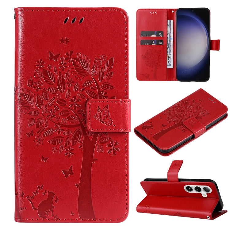 For Samsung Galaxy S25+ / S24+ 5G Tree & Cat Embossed Pattern Flip Leather Phone Case(Red)