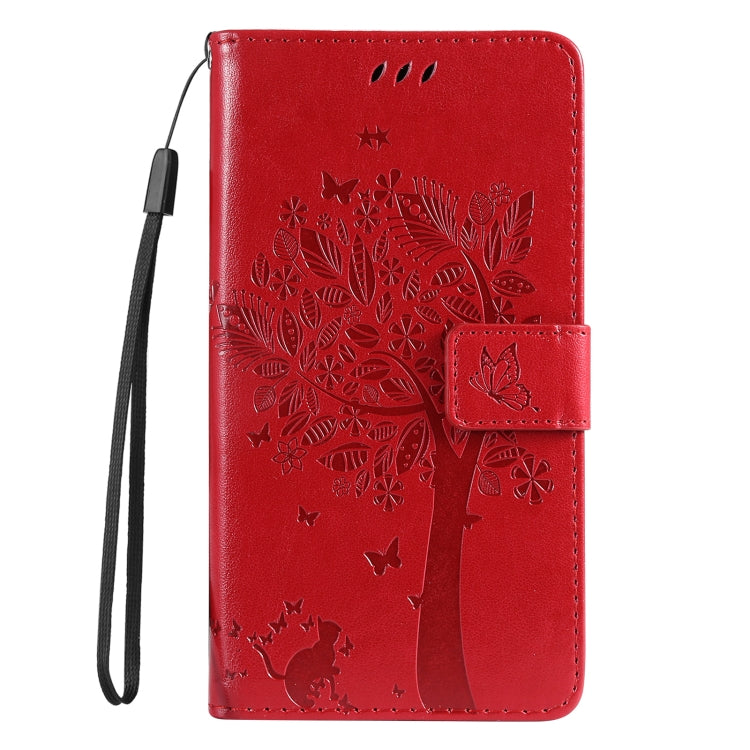 For Samsung Galaxy S25+ / S24+ 5G Tree & Cat Embossed Pattern Flip Leather Phone Case(Red)