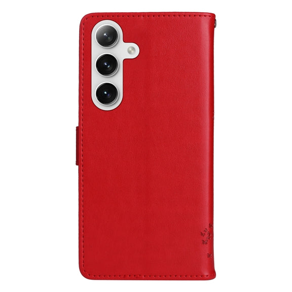 For Samsung Galaxy S25+ / S24+ 5G Tree & Cat Embossed Pattern Flip Leather Phone Case(Red)