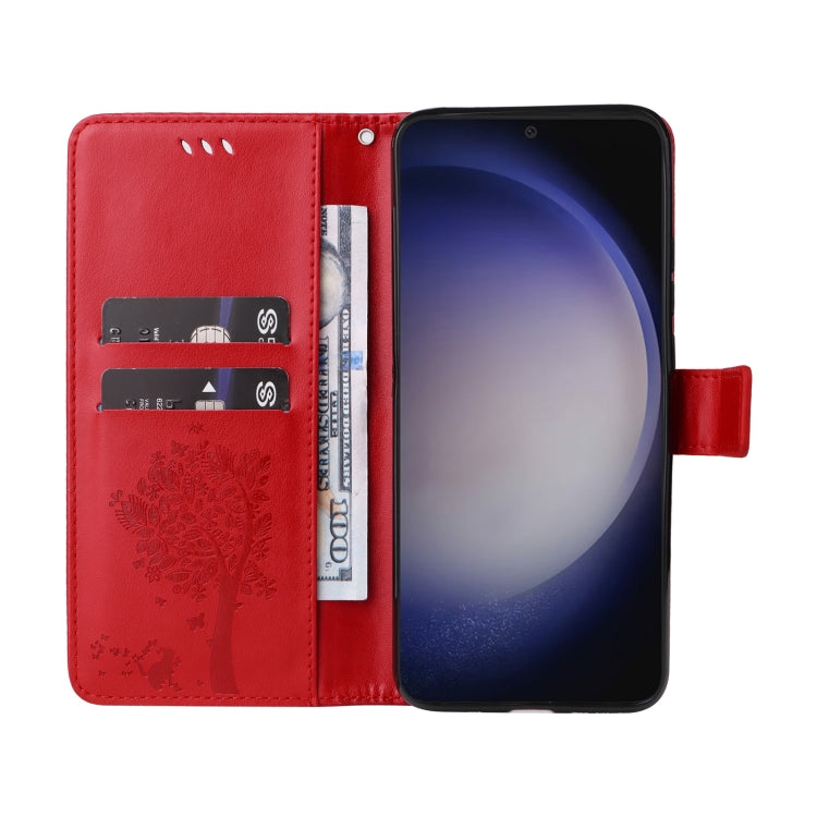 For Samsung Galaxy S25+ / S24+ 5G Tree & Cat Embossed Pattern Flip Leather Phone Case(Red)