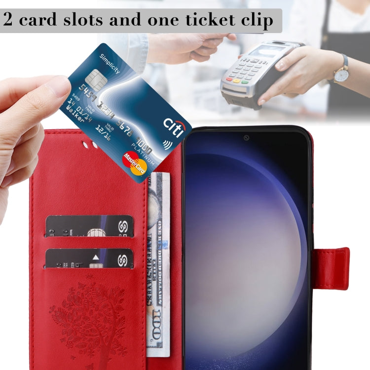 For Samsung Galaxy S25+ / S24+ 5G Tree & Cat Embossed Pattern Flip Leather Phone Case(Red)