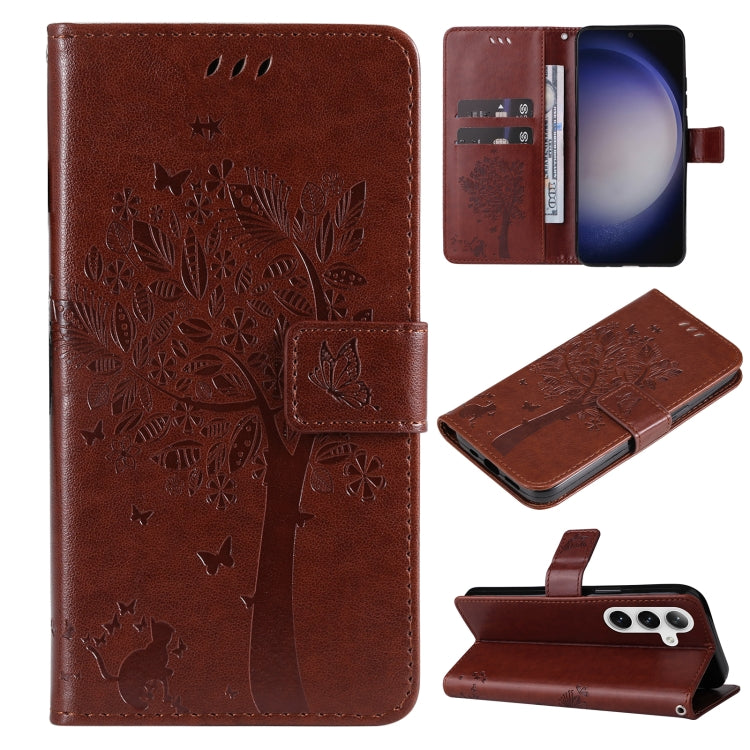 For Samsung Galaxy S25+ / S24+ 5G Tree & Cat Embossed Pattern Flip Leather Phone Case(Coffee)