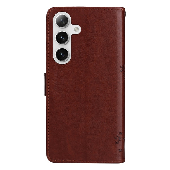 For Samsung Galaxy S25+ / S24+ 5G Tree & Cat Embossed Pattern Flip Leather Phone Case(Coffee)