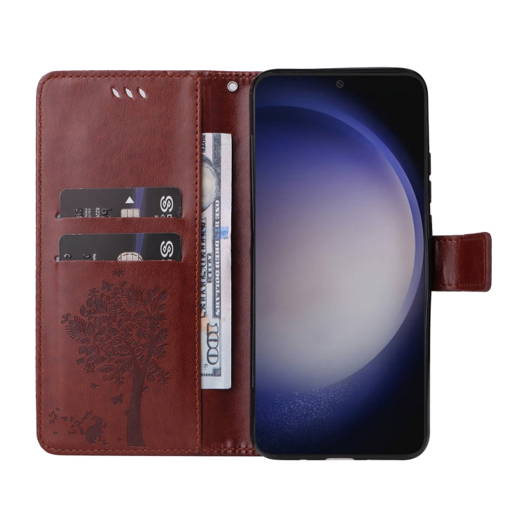 For Samsung Galaxy S25+ / S24+ 5G Tree & Cat Embossed Pattern Flip Leather Phone Case(Coffee)