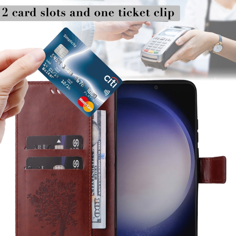 For Samsung Galaxy S25+ / S24+ 5G Tree & Cat Embossed Pattern Flip Leather Phone Case(Coffee)