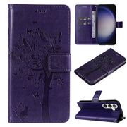 For Samsung Galaxy S25+ / S24+ 5G Tree & Cat Embossed Pattern Flip Leather Phone Case(Purple)
