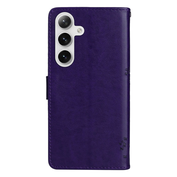 For Samsung Galaxy S25+ / S24+ 5G Tree & Cat Embossed Pattern Flip Leather Phone Case(Purple)