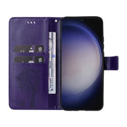 For Samsung Galaxy S25+ / S24+ 5G Tree & Cat Embossed Pattern Flip Leather Phone Case(Purple)
