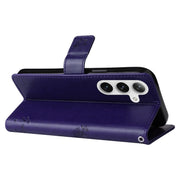 For Samsung Galaxy S25+ / S24+ 5G Tree & Cat Embossed Pattern Flip Leather Phone Case(Purple)