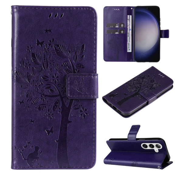 For Samsung Galaxy S25+ / S24+ 5G Tree & Cat Embossed Pattern Flip Leather Phone Case(Purple)