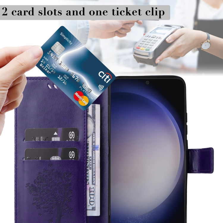 For Samsung Galaxy S25+ / S24+ 5G Tree & Cat Embossed Pattern Flip Leather Phone Case(Purple)