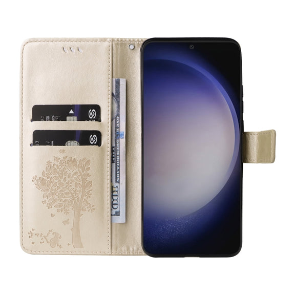 For Samsung Galaxy S25+ / S24+ 5G Tree & Cat Embossed Pattern Flip Leather Phone Case(Gold)
