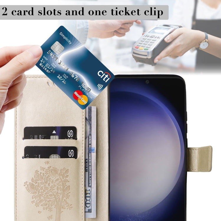 For Samsung Galaxy S25+ / S24+ 5G Tree & Cat Embossed Pattern Flip Leather Phone Case(Gold)