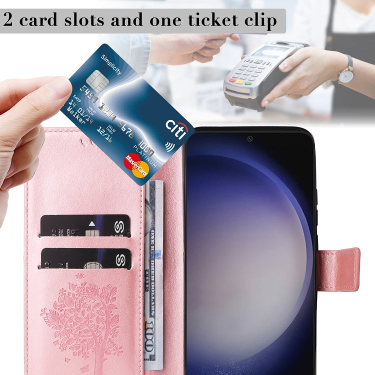 For Samsung Galaxy S25+ / S24+ 5G Tree & Cat Embossed Pattern Flip Leather Phone Case(Rose Gold)