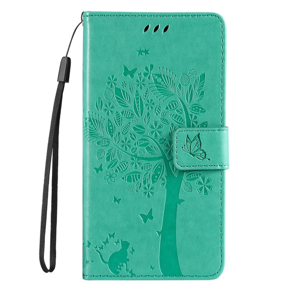 For Samsung Galaxy S25 Ultra 5G Tree & Cat Embossed Pattern Flip Leather Phone Case(Green)