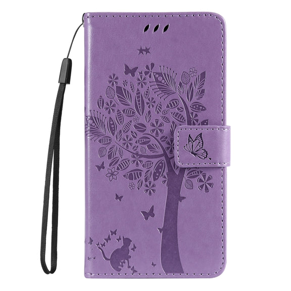 For Samsung Galaxy S25 Ultra 5G Tree & Cat Embossed Pattern Flip Leather Phone Case(Light Purple)