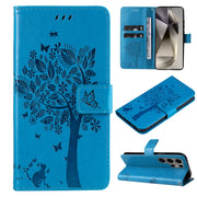 For Samsung Galaxy S25 Ultra 5G Tree & Cat Embossed Pattern Flip Leather Phone Case(Blue)