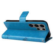 For Samsung Galaxy S25 Ultra 5G Tree & Cat Embossed Pattern Flip Leather Phone Case(Blue)
