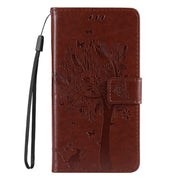 For Samsung Galaxy S25 Ultra 5G Tree & Cat Embossed Pattern Flip Leather Phone Case(Coffee)