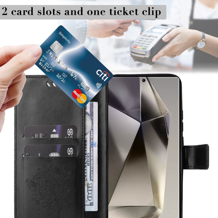 For Samsung Galaxy S25 Ultra 5G Tree & Cat Embossed Pattern Flip Leather Phone Case(Black)