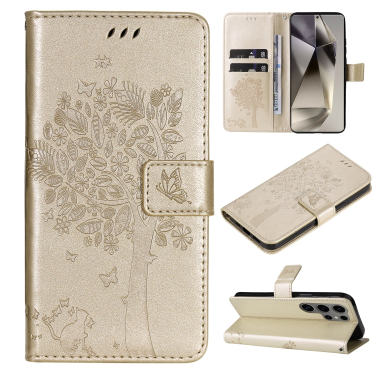 For Samsung Galaxy S25 Ultra 5G Tree & Cat Embossed Pattern Flip Leather Phone Case(Gold)