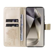 For Samsung Galaxy S25 Ultra 5G Tree & Cat Embossed Pattern Flip Leather Phone Case(Gold)