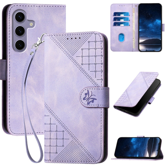 For Samsung Galaxy S25 5G YX0080 Grid Butterfly Embossed Pattern Flip Leather Phone Case with Lanyard(Light Purple)