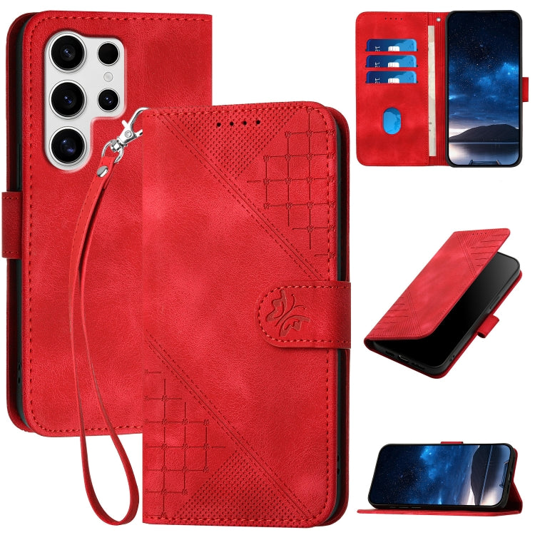 For Samsung Galaxy S25 Ultra 5G YX0080 Grid Butterfly Embossed Pattern Flip Leather Phone Case with Lanyard(Red)