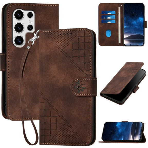For Samsung Galaxy S25 Ultra 5G YX0080 Grid Butterfly Embossed Pattern Flip Leather Phone Case with Lanyard(Coffee)