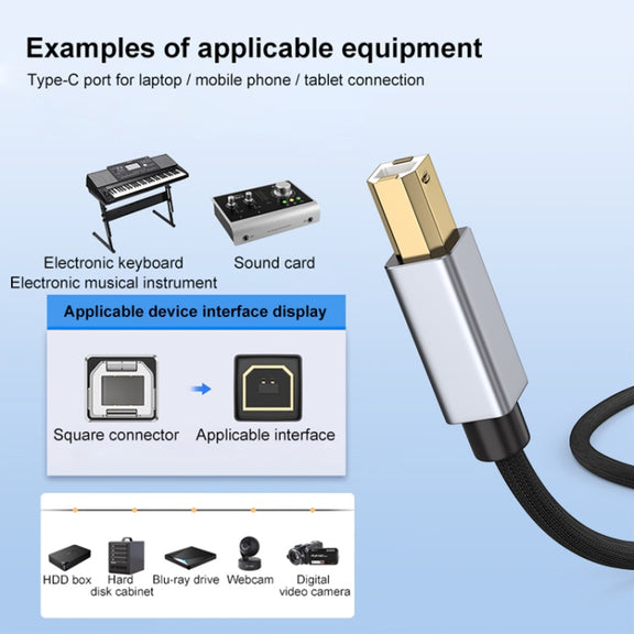 2 in 1 Type-C and 8 Pin to USB-B MIDI Instruments Printer Cable, Length: 1m, Length:1m(White)
