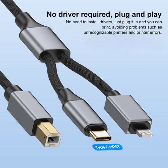 2 in 1 Type-C and 8 Pin to USB-B MIDI Instruments Printer Cable, Length: 1m, Length:1m(White)