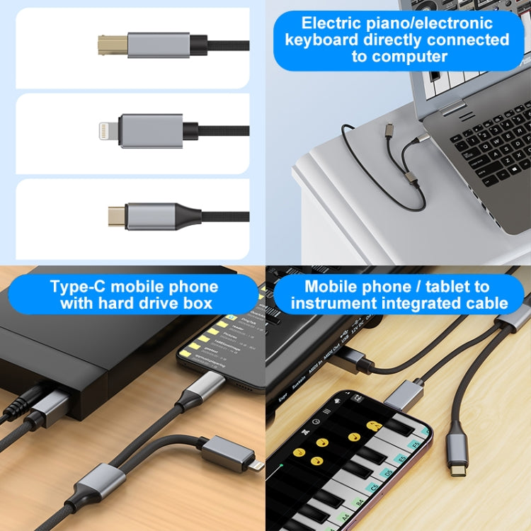 2 in 1 Type-C and 8 Pin to USB-B MIDI Instruments Printer Cable, Length: 1m, Length:1m(White)