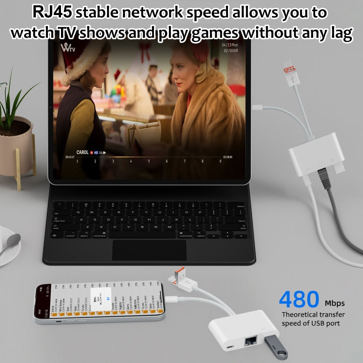 NK-107TL Pro USB-C / Type-C, 8 Pin, USB to 8 Pin, USB, RJ45 Multi-function Adapter(White)
