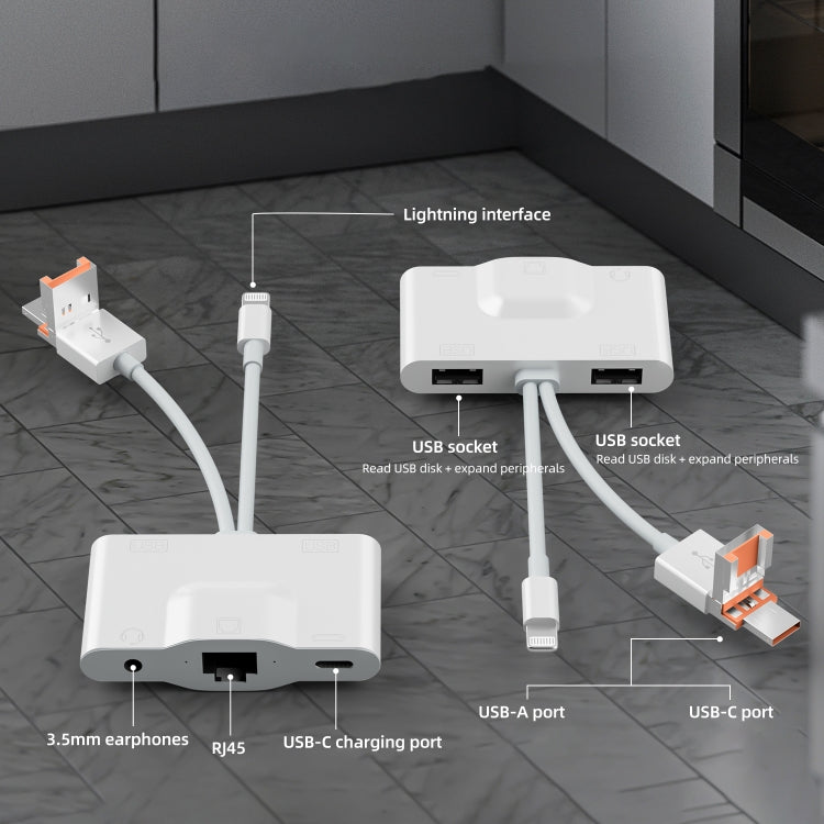 NK-1033TL Pro USB-C / Type-C, 8 Pin, USB to USB-C / Type-C, 2 x USB, RJ45, 3.5mm Multi-function Adapter(White)