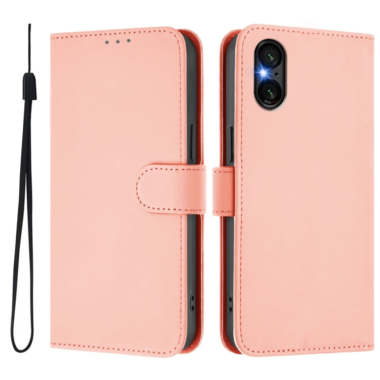 For Sony Xperia 5 VI 2024 Skin Feel Solid Color Leather Phone Case with Lanyard(Pink)