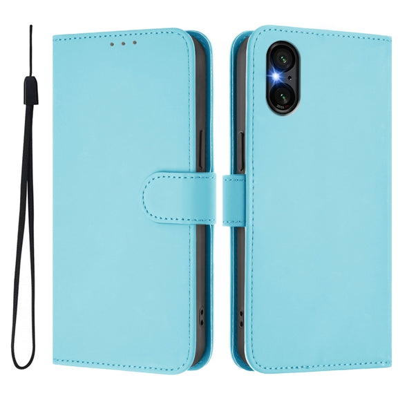 For Sony Xperia 5 VI 2024 Skin Feel Solid Color Leather Phone Case with Lanyard(Sky Blue)