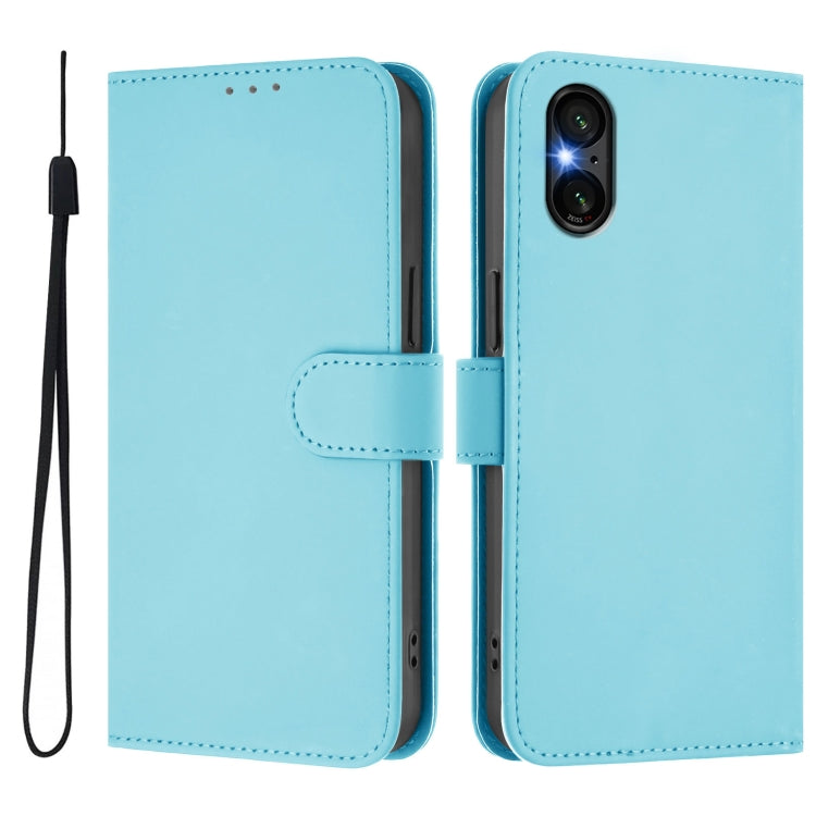For Sony Xperia 5 VI 2024 Skin Feel Solid Color Leather Phone Case with Lanyard(Sky Blue)