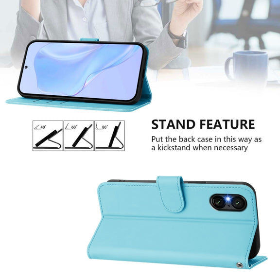 For Sony Xperia 5 VI 2024 Skin Feel Solid Color Leather Phone Case with Lanyard(Sky Blue)
