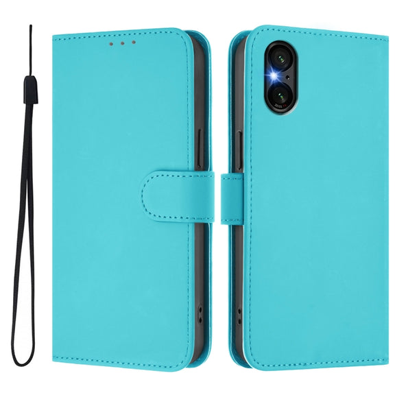For Sony Xperia 5 VI 2024 Skin Feel Solid Color Leather Phone Case with Lanyard(Lake Blue)