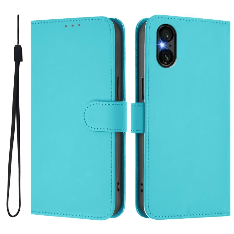 For Sony Xperia 5 VI 2024 Skin Feel Solid Color Leather Phone Case with Lanyard(Lake Blue)