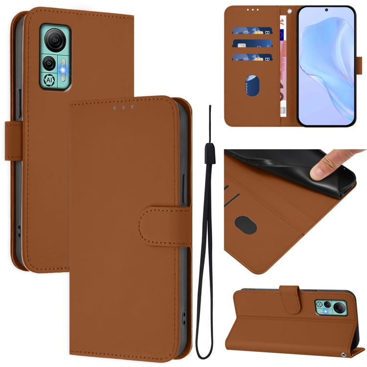 For Ulefone Note 14 Skin Feel Solid Color Leather Phone Case with Lanyard(Brown)