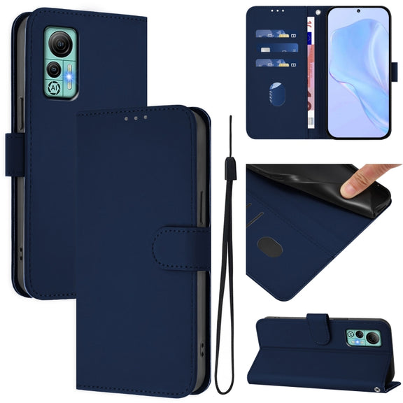 For Ulefone Note 14 Skin Feel Solid Color Leather Phone Case with Lanyard(Navy Blue)